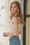 NUDE BEAD & PEARL EMBELLISHED LONG SLEEVE MESH TOP